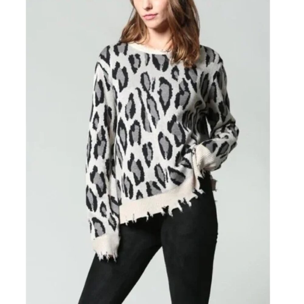 NWT FATE Women's Taupe Black Distressed Leopard Print Long Sleeve Sweater Size S